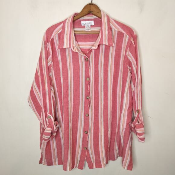 Silhouettes Button Up Shirt Striped Cotton Tab Sleeve - Picture 1 of 7